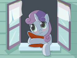 Size: 1200x897 | Tagged: safe, artist:teenbulma, imported from derpibooru, sweetie belle, blushing, pillow, window