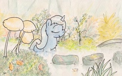 Size: 1151x722 | Tagged: safe, artist:slightlyshade, imported from derpibooru, trixie, pony, unicorn, female, mare, pond, solo, traditional art, water