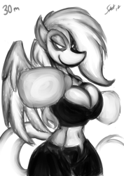 Size: 2893x4092 | Tagged: safe, artist:saliantsunbreeze, imported from derpibooru, rainbow dash, anthro, 30 minute art challenge, belly button, boxing, breasts, busty rainbow dash, cleavage, clothes, female, midriff, monochrome, shorts, sketch, sports bra