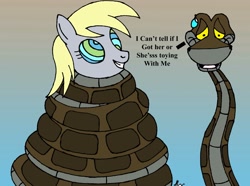 Size: 2700x2013 | Tagged: safe, artist:lol20, imported from derpibooru, derpy hooves, pegasus, pony, snake, coils, dialogue, eyes, female, fetish, hypno eyes, hypnosis fetish, imminent vore, kaa, kaa eyes, mare, mind control, peril