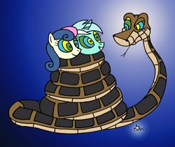 Size: 2500x2100 | Tagged: safe, artist:lol20, imported from derpibooru, bon bon, lyra heartstrings, sweetie drops, pony, snake, coils, fetish, hypno eyes, hypnosis fetish, imminent vore, kaa, kaa eyes, mind control, peril