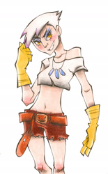 Size: 1390x2249 | Tagged: safe, artist:akikodestroyer, imported from derpibooru, gilda, belly button, clothes, daisy dukes, female, gloves, humanized, midriff, solo