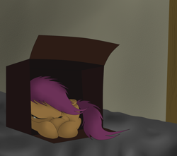 Size: 900x794 | Tagged: safe, artist:idsmehlite, imported from derpibooru, scootaloo, pony, box, crying, female, homeless, no longer true, orphan, sad, scootalone, scootasad, solo