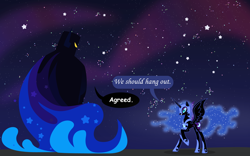 Size: 1600x1000 | Tagged: safe, artist:anarchemitis, imported from derpibooru, nightmare moon, alicorn, pony, crossover, cucumber quest, duo, ethereal mane, female, hoof shoes, mare, nightmare knight, similarities, space, speech bubble, starry backdrop, starry mane, xk-class end-of-the-world scenario