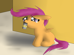 Size: 900x675 | Tagged: safe, artist:idsmehlite, imported from derpibooru, scootaloo, begging, homeless, orphan, sad