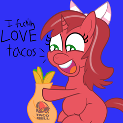 Size: 900x900 | Tagged: safe, artist:cosmonaut, imported from derpibooru, oc, oc only, oc:red ribbon, pony, chubby, fat, food, needs more saturation, simple background, sitting, smiling, solo, taco, taco bell, vulgar