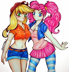 Size: 756x780 | Tagged: safe, artist:divinekitten, imported from derpibooru, applejack, pinkie pie, human, clothes, humanized, socks, stockings, striped socks, traditional art