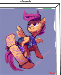 Size: 367x454 | Tagged: safe, imported from derpibooru, scootaloo, pegasus, pony, clothes, emulation, female, filly, flockdraw, foal, rendition, skateboard, skating, solo, spread wings, wings