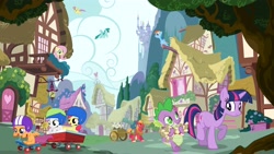 Size: 3600x2025 | Tagged: safe, imported from derpibooru, apple bloom, big macintosh, fluttershy, parasol, rainbow dash, scootaloo, spike, spring melody, sprinkle medley, sweetie belle, twilight sparkle, dragon, earth pony, pegasus, pony, unicorn, canterlot, carrot, cart, celery, cutie mark crusaders, female, filly, foal, helmet, high res, male, mare, official, ponyville, scooter, scroll, stallion, turnip, unicorn twilight, wagon