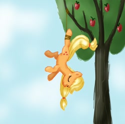 Size: 900x895 | Tagged: safe, artist:inuneechan, imported from derpibooru, applejack, hanging, hung upside down, rope, tarot card, upside down