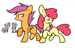 Size: 1108x720 | Tagged: safe, artist:selective-yellow, imported from derpibooru, apple bloom, dinky hooves, scootaloo, sweetie belle, earth pony, pegasus, pony, unicorn, blushing, colored pupils, dinkybelle, egg, female, filly, lesbian, shipping, simple background, walking, white background