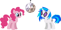 Size: 796x400 | Tagged: safe, artist:allibear17, imported from derpibooru, dj pon-3, pinkie pie, vinyl scratch, animated, bouncing, eye contact, female, grin, headbob, simple background, smiling, transparent background