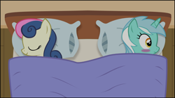 Size: 1024x576 | Tagged: safe, artist:tritebristle, imported from derpibooru, bon bon, lyra heartstrings, sweetie drops, bed, blushing, female, lesbian, lyrabon, shipping