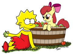 Size: 893x643 | Tagged: safe, artist:larrychan, imported from derpibooru, apple bloom, earth pony, pony, apple, crossover, female, filly, foal, lisa simpson, the simpsons