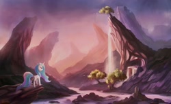 Size: 1800x1100 | Tagged: safe, artist:ajvl, imported from derpibooru, princess celestia, alicorn, pony, canterlot, female, mare, scenery, solo, tree, water, waterfall