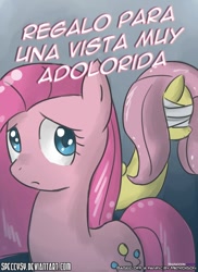 Size: 762x1048 | Tagged: safe, artist:nnxmnd, artist:speccysy, imported from derpibooru, fluttershy, pinkie pie, comic:sight for really sore eyes, bandage, pinkamena diane pie, sad, spanish, translation