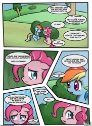 Size: 762x1048 | Tagged: safe, artist:nnxmnd, artist:speccysy, imported from derpibooru, pinkie pie, rainbow dash, comic:sight for really sore eyes, sad, spanish, translation