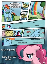 Size: 762x1048 | Tagged: safe, artist:nnxmnd, artist:speccysy, imported from derpibooru, fluttershy, pinkie pie, rainbow dash, comic:sight for really sore eyes, crying, sad, spanish, translation