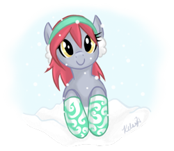 Size: 988x857 | Tagged: safe, artist:viperviolist, imported from derpibooru, oc, oc only, oc:red velvet, pony, c:, clothes, cute, earmuffs, female, leaning, looking at you, mare, simple background, smiling, snow, snowfall, socks, solo, transparent background