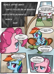 Size: 762x1048 | Tagged: safe, artist:speccysy, imported from derpibooru, pinkie pie, rainbow dash, comic:sight for really sore eyes, spanish, translation