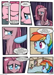 Size: 762x1048 | Tagged: safe, artist:speccysy, imported from derpibooru, pinkie pie, rainbow dash, comic:sight for really sore eyes, crying, pinkamena diane pie, sad, spanish, translation, wavy mouth