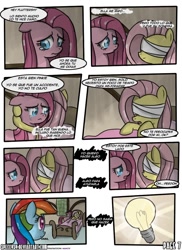 Size: 762x1048 | Tagged: safe, artist:nnxmnd, artist:speccysy, imported from derpibooru, fluttershy, pinkie pie, rainbow dash, comic:sight for really sore eyes, bandage, crying, pinkamena diane pie, sad, spanish, translation