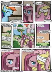 Size: 762x1048 | Tagged: safe, artist:nnxmnd, artist:speccysy, imported from derpibooru, fluttershy, pinkie pie, rainbow dash, comic:sight for really sore eyes, bandage, pinkamena diane pie, spanish, translation