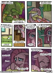 Size: 762x1048 | Tagged: safe, artist:nnxmnd, artist:speccysy, imported from derpibooru, fluttershy, pinkie pie, comic:sight for really sore eyes, bandage, crying, pinkamena diane pie, sad, spanish, translation