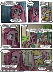 Size: 762x1048 | Tagged: safe, artist:nnxmnd, artist:speccysy, imported from derpibooru, fluttershy, pinkie pie, comic:sight for really sore eyes, bandage, pinkamena diane pie, spanish, translation