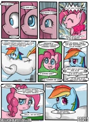 Size: 762x1048 | Tagged: safe, artist:nnxmnd, artist:speccysy, imported from derpibooru, pinkie pie, rainbow dash, comic:sight for really sore eyes, pinkamena diane pie, spanish, translation