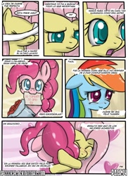 Size: 762x1048 | Tagged: safe, artist:nnxmnd, artist:speccysy, imported from derpibooru, fluttershy, pinkie pie, rainbow dash, comic:sight for really sore eyes, crying, cute, female, flutterpie, lesbian, shipping, shyabetes, spanish, tears of joy, translation