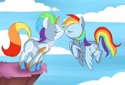 Size: 1024x692 | Tagged: safe, artist:miikanism, imported from derpibooru, rainbow dash, pegasus, pony, robot, robot pony, blushing, crossover, crossover shipping, eyes closed, kissing, robot unicorn attack