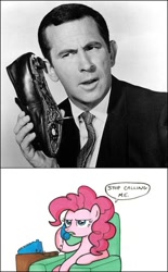 Size: 340x550 | Tagged: safe, imported from derpibooru, pinkie pie, human, pony, exploitable meme, get smart, maxwell smart, meme, phone, phone meme, shoe phone, stop calling me, wrong number