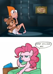 Size: 400x560 | Tagged: safe, artist:madmax, edit, imported from derpibooru, pinkie pie, candace flynn, crossover, exploitable meme, meme, panic room, phineas and ferb, phone, phone meme, stop calling me