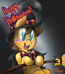 Size: 566x638 | Tagged: safe, artist:cleppyclep, imported from derpibooru, caramel, bow, broom, caramel is awesome, hat, witch