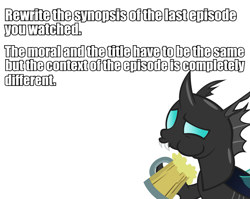 Size: 1169x931 | Tagged: safe, imported from derpibooru, changeling, cider, text