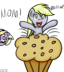 Size: 900x1000 | Tagged: safe, artist:freefraq, imported from derpibooru, derpy hooves, dinky hooves, giant muffin, muffin, text