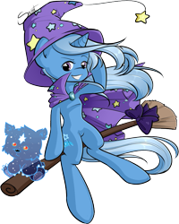 Size: 709x888 | Tagged: safe, artist:secret-pony, imported from derpibooru, trixie, pony, unicorn, ursa minor, broom, flying, flying broomstick, looking at you, simple background, sitting, smiling, transparent background, windswept mane