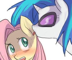 Size: 600x500 | Tagged: artist needed, safe, imported from derpibooru, dj pon-3, fluttershy, vinyl scratch, blushing, licking