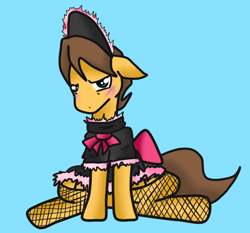 Size: 550x512 | Tagged: safe, artist:cleppyclep, imported from derpibooru, caramel, pony, blushing, bow, clothes, crossdressing, dress, fishnets, maid, simple background, solo