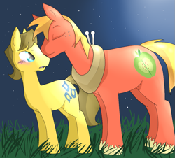 Size: 957x867 | Tagged: safe, artist:cleppyclep, imported from derpibooru, big macintosh, caramel, earth pony, pony, blushing, caramac, gay, male, night, shipping, stallion