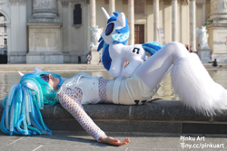 Size: 2048x1371 | Tagged: safe, artist:pinkuart, imported from derpibooru, dj pon-3, vinyl scratch, human, cosplay, irl, irl human, photo, plushie, solo