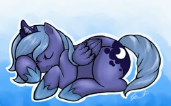 Size: 1233x768 | Tagged: safe, artist:ecchichibi, imported from derpibooru, princess luna, pony, female, filly, sleeping, solo, woona