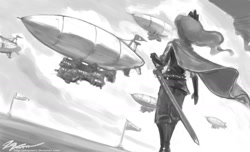 Size: 1400x851 | Tagged: safe, artist:johnjoseco, imported from derpibooru, princess luna, human, airship, cape, clothes, female, grayscale, humanized, military, military uniform, monochrome, solo, sword, uniform, warrior luna, weapon