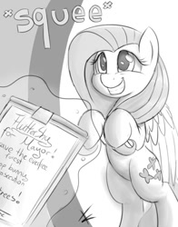 Size: 700x891 | Tagged: safe, artist:crade, imported from derpibooru, fluttershy, pegasus, pony, bipedal, clipboard, cute, female, magic, magic aura, mare, monochrome, onomatopoeia, petition, shyabetes, smiling, squee, telekinesis