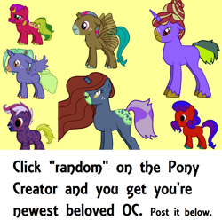 Size: 1176x1168 | Tagged: safe, imported from derpibooru, oc, oc only, earth pony, pegasus, pony, unicorn, pony creator, 9000 hours in pony creator, abomination, broken horn, donut steel, female, freckles, game, male, mare, moustache, random, stallion, text, unshorn fetlocks