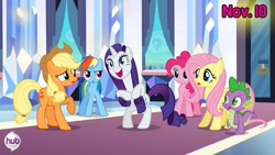 Size: 800x450 | Tagged: safe, imported from derpibooru, screencap, applejack, fluttershy, pinkie pie, rainbow dash, rarity, spike, the crystal empire, spoiler:s03, 2012, bipedal, hair pulling, rarity tugs her mane, tugging