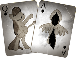 Size: 1629x1236 | Tagged: safe, artist:sirhcx, imported from derpibooru, octavia melody, oc, oc:blackjack, earth pony, pegasus, pony, ace of spades, bipedal, card, cutie mark, eyes closed, pegasus oc, playing card, simple background, transparent background, vector, wings