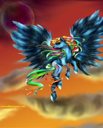 Size: 2752x3416 | Tagged: dead source, safe, artist:xxfaye, imported from derpibooru, rainbow dash, pegasus, pony, cloud, female, flying, mare, signature, solo, spread wings, wings