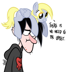 Size: 840x866 | Tagged: safe, artist:tenaflyviper, imported from derpibooru, derpy hooves, human, pegasus, pony, duo, gravity falls, ponies riding humans, pony hat, riding, robbie v., robbie valentino, scrunchy face, simple background, transparent background